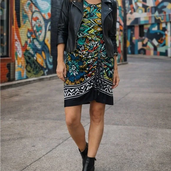 Attitudes Women With Control Ruched Drawstring Dress Boho Abstract M - Picture 6 of 6